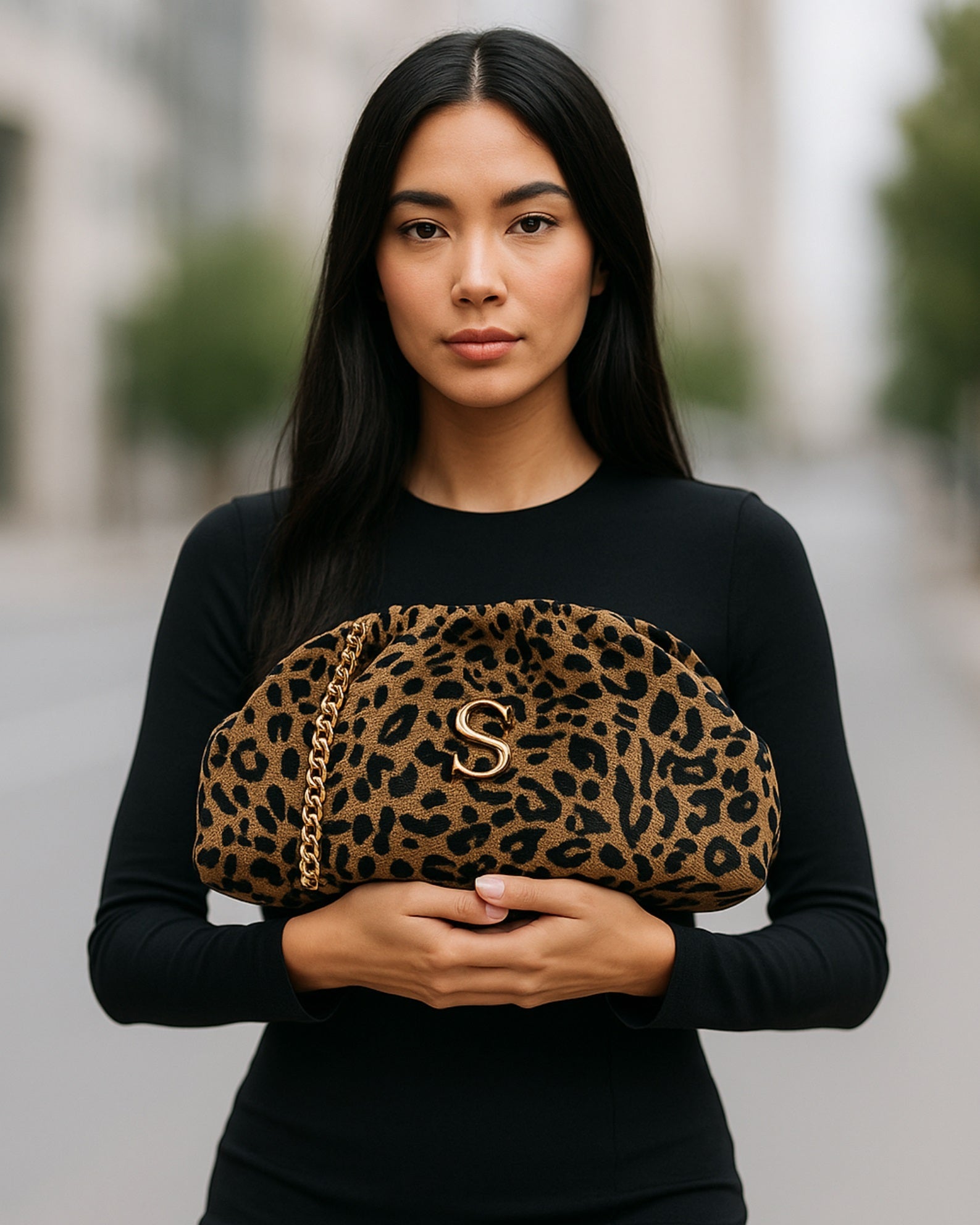 LEOPARD VELVET BROWN BUCKET BAG