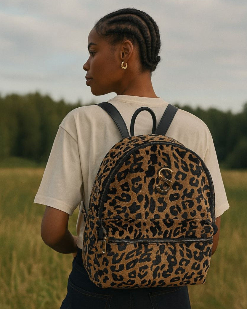 LEOPARD VELVET BROWN BACKPACK