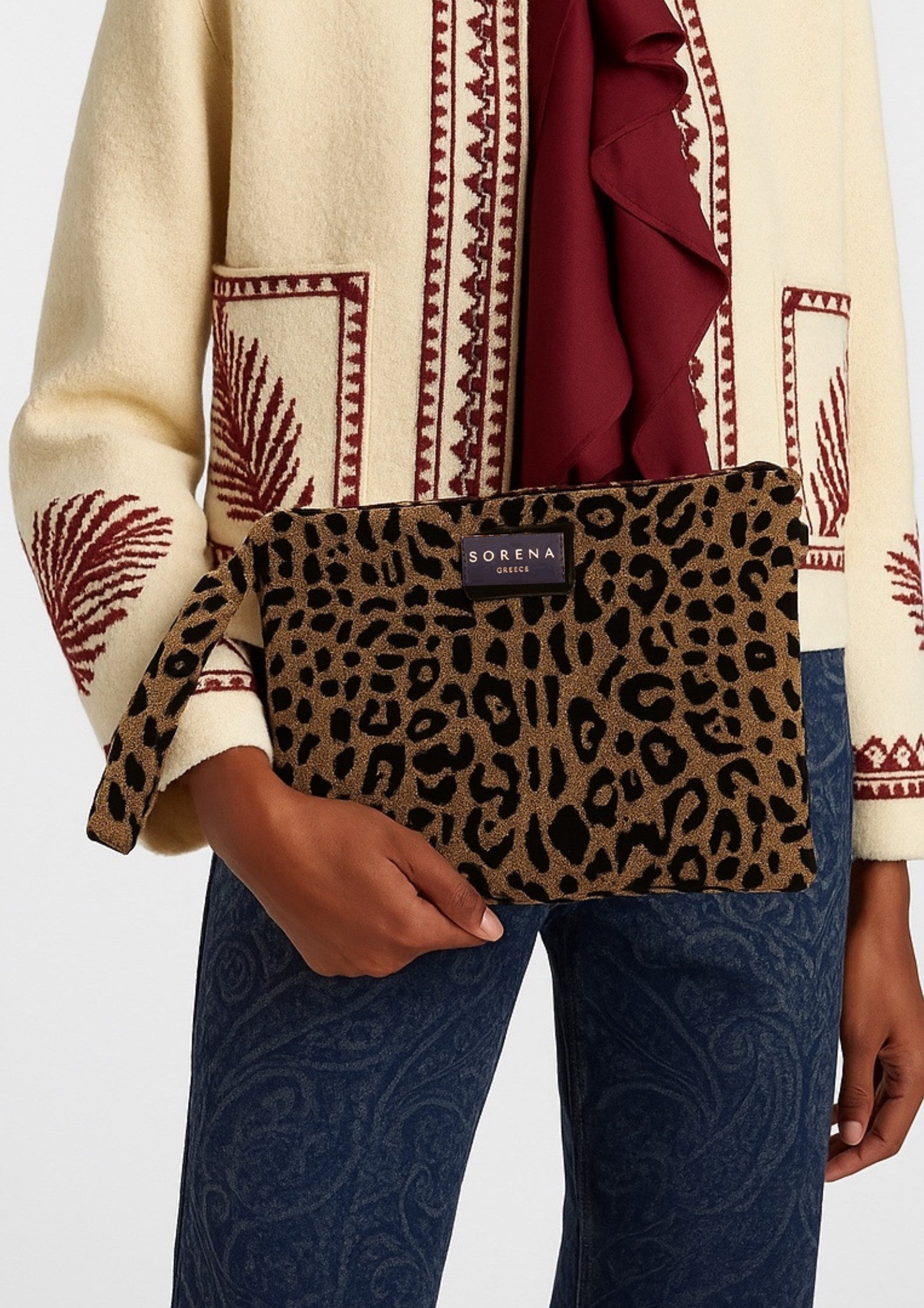 LEOPARD VELVET BROWN CLUTCH