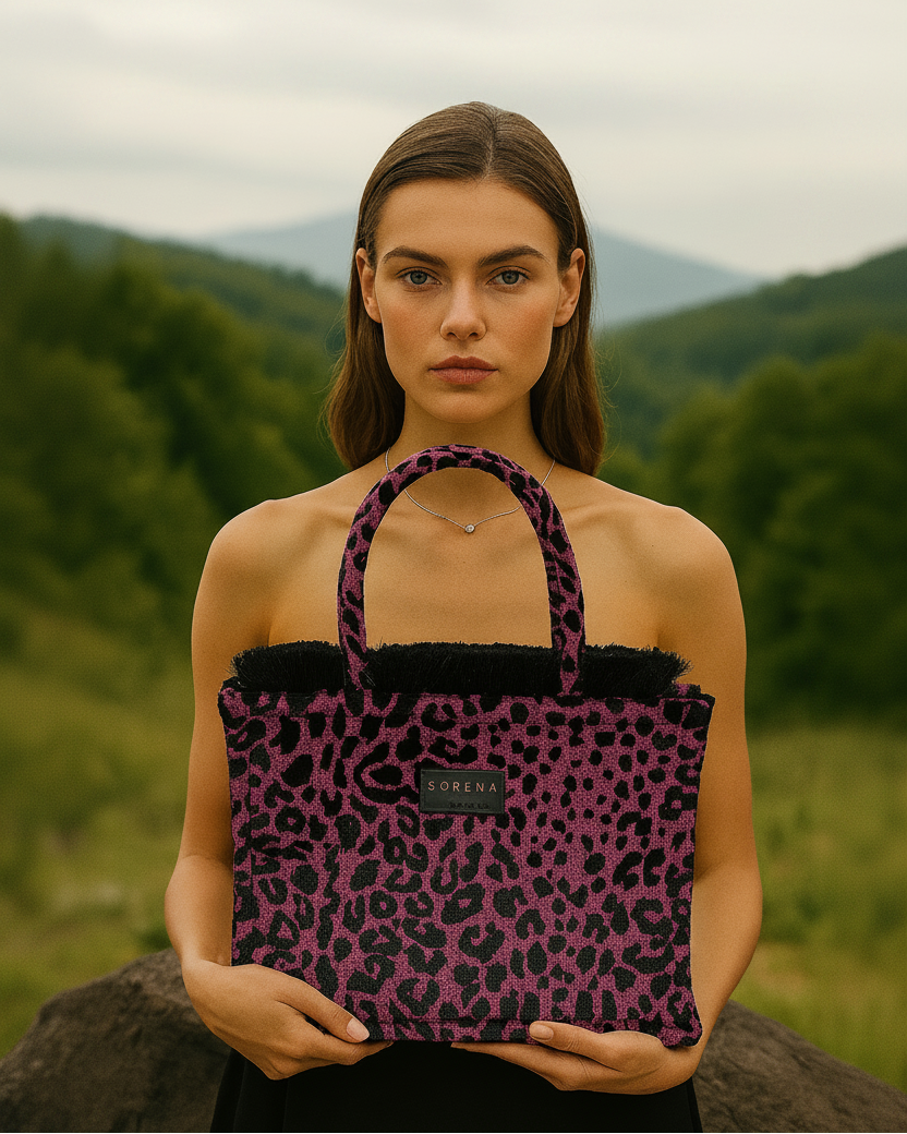 LEOPARD VELVET MAGENTA MEDIUM TOTE BAG