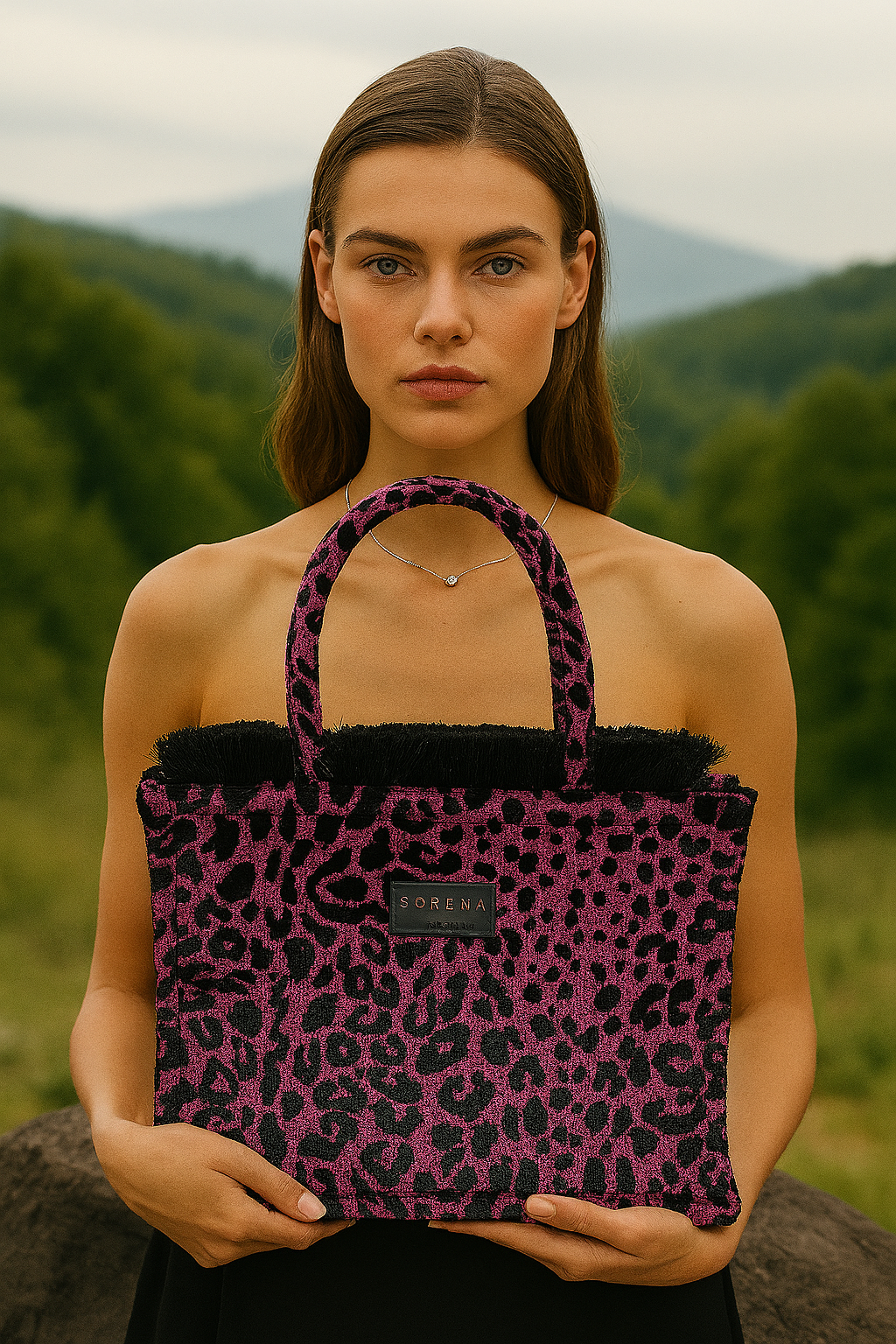 LEOPARD VELVET MAGENTA MEDIUM TOTE BAG