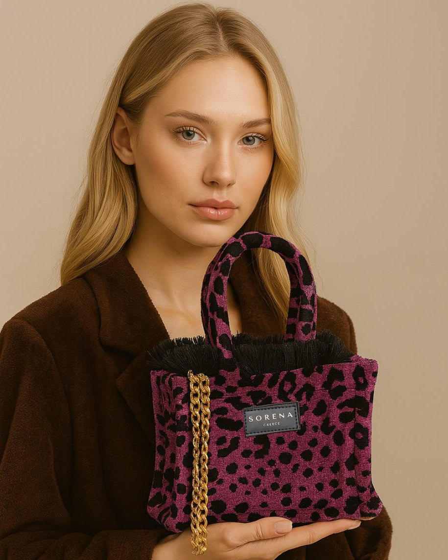 LEOPARD VELVET MAGENTA MINI TOTE BAG