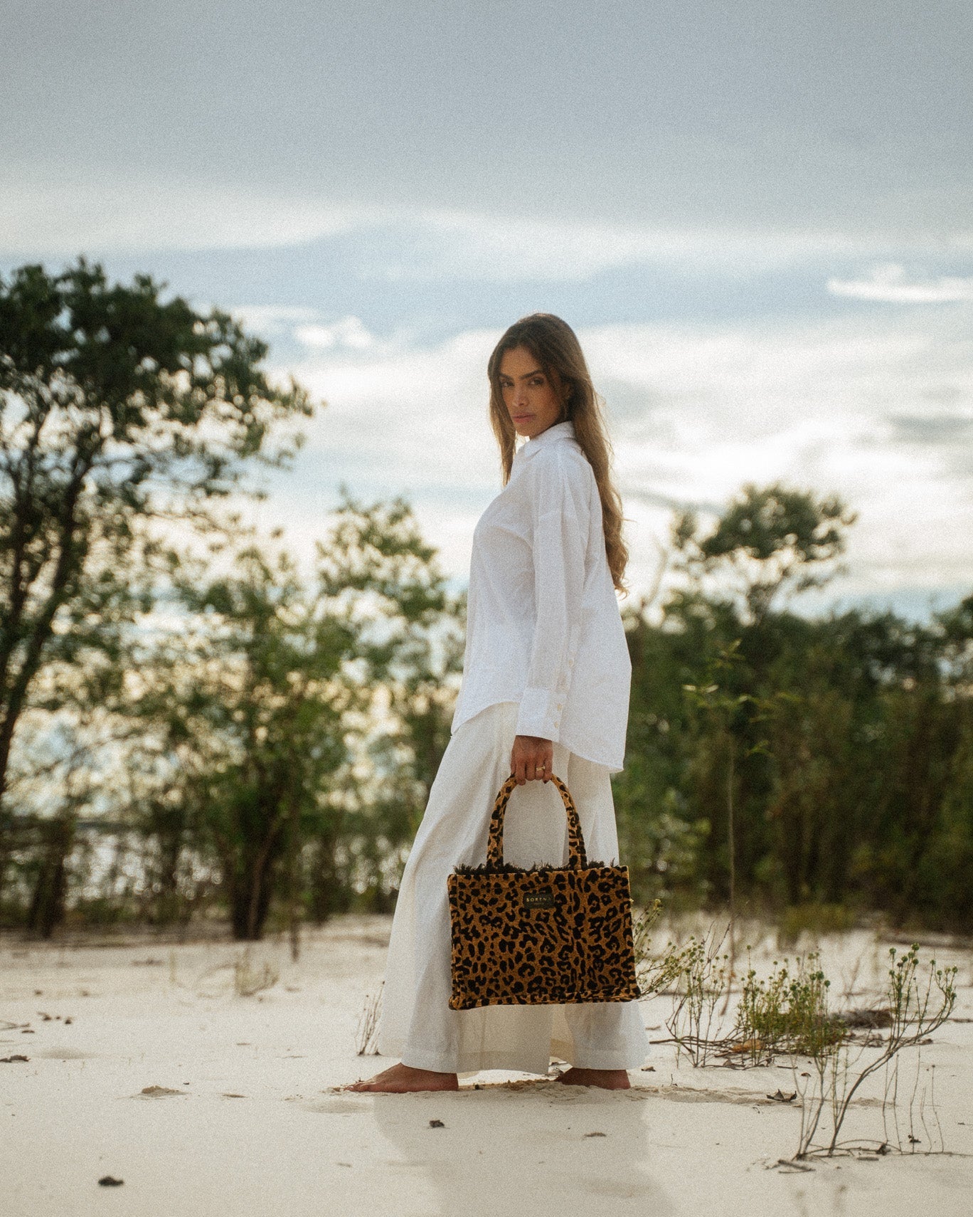 LEOPARD VELVET BROWN MEDIUM TOTE BAG