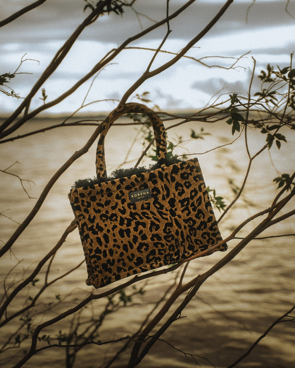 LEOPARD VELVET BROWN MEDIUM TOTE BAG