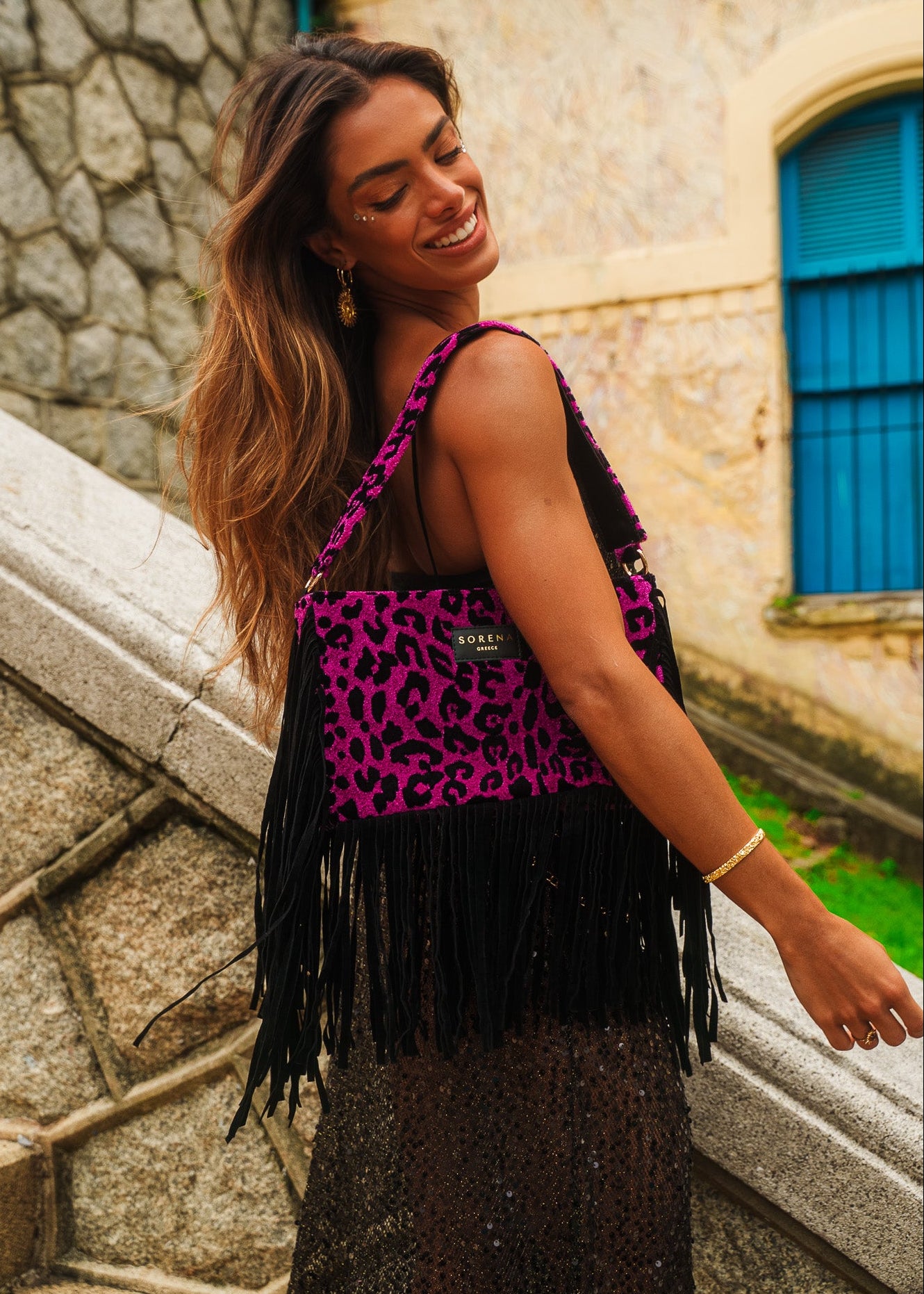 LEOPARD VELVET MAGENTA CROSSBODY BAG