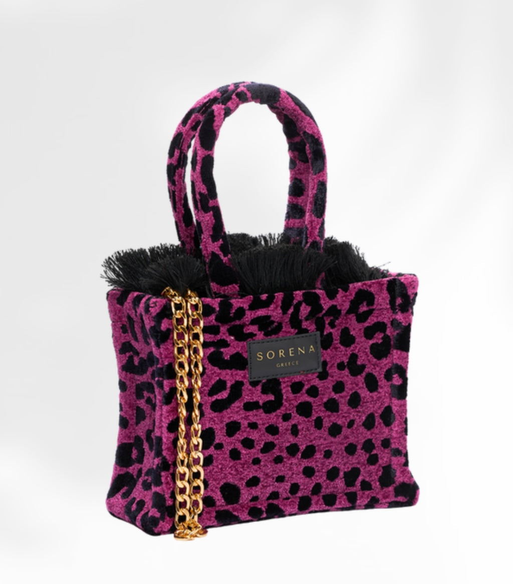 LEOPARD VELVET MAGENTA MINI TOTE BAG